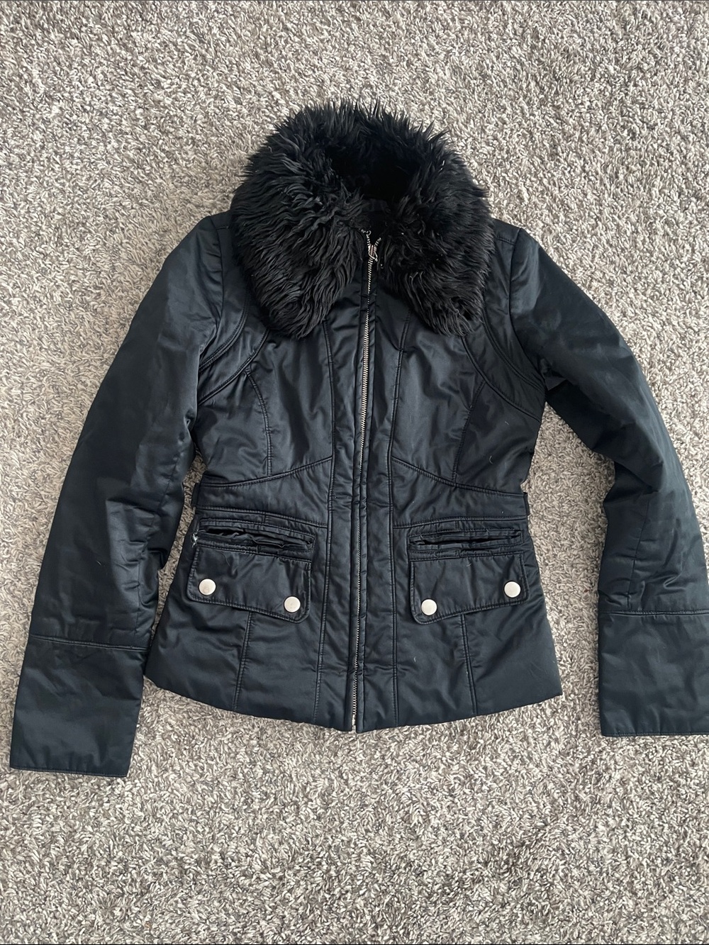 Moschino Black Quilted Puffer Jacket with removable Faux Fur Collar